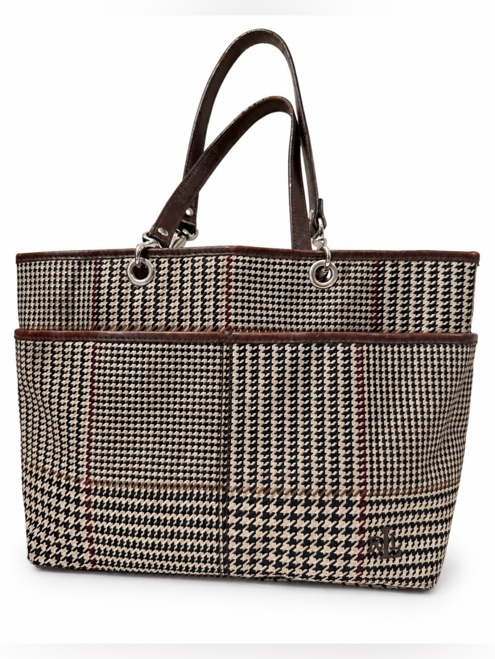 Vintage Lauren Ralph Lauren Glen Plaid Leather Trim Tote Bag